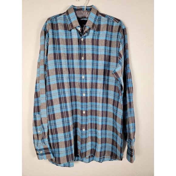 Calder Carmel Button Up Linen Plaid Shirt Medium Blue Limited Edition 1/200 NWOT